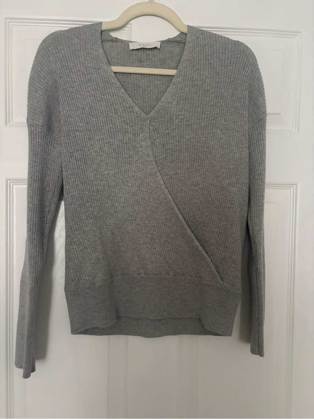 Elodie Light Gray Ribbed V-Neck Wrap Sweater